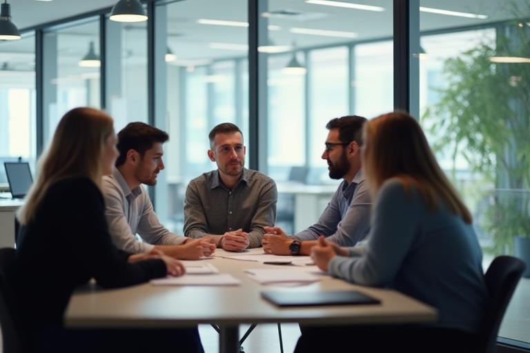 Employees collaborating around a table